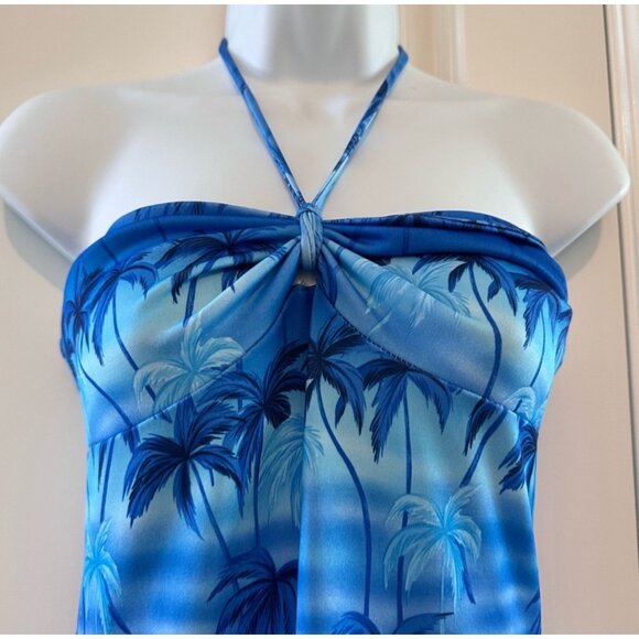 Halter Neck Blue Palm Tree Print Dress By Lipstick Damore - Picture 4 of 9